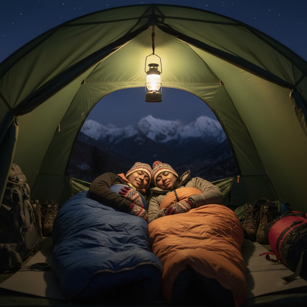 Create an image showing a couple of South Asian trekkers, one male and one female, sleeping comfortably in sleeping bags in a tent at night. They have peaceful smiles on their faces. They are wearing both woolen caps and fleece gloves. There is a faint camping light inside the tent, just enough to softly illuminate their faces.