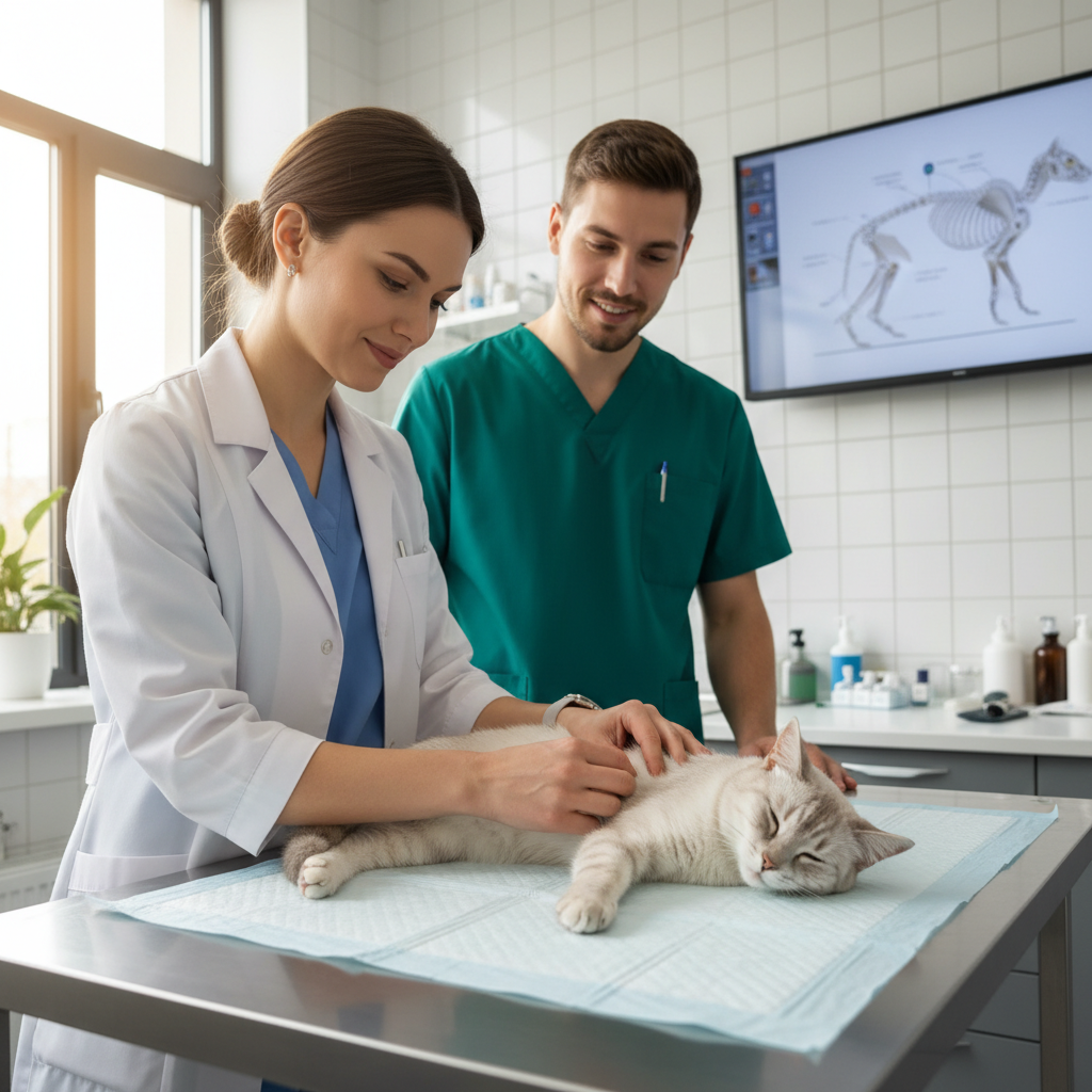 Veterinarian performing gentle joint examination on gray cat in clinic