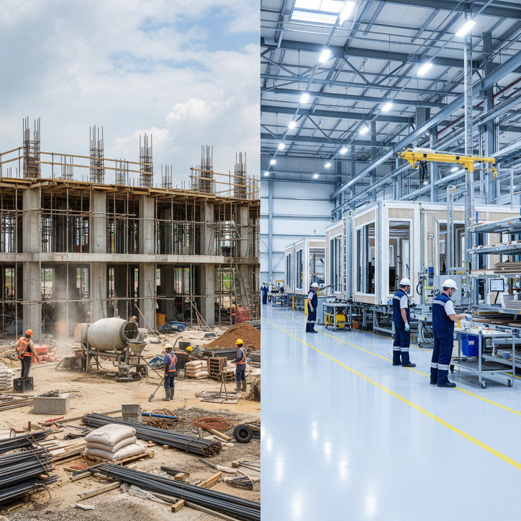 Comparaison entre la construction traditionnelle désorganisée et la construction modulaire organisée dans un bâtiment industriel