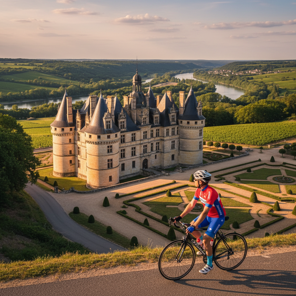 Elegant French château in Loire Valley with cyclist on road bike admiring the Renaissance castle with towers and gardens