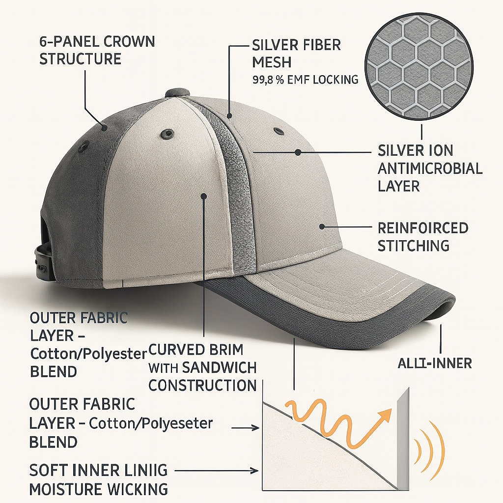 EMF Baseball Hat Technical Diagram - Real Product with Annotations