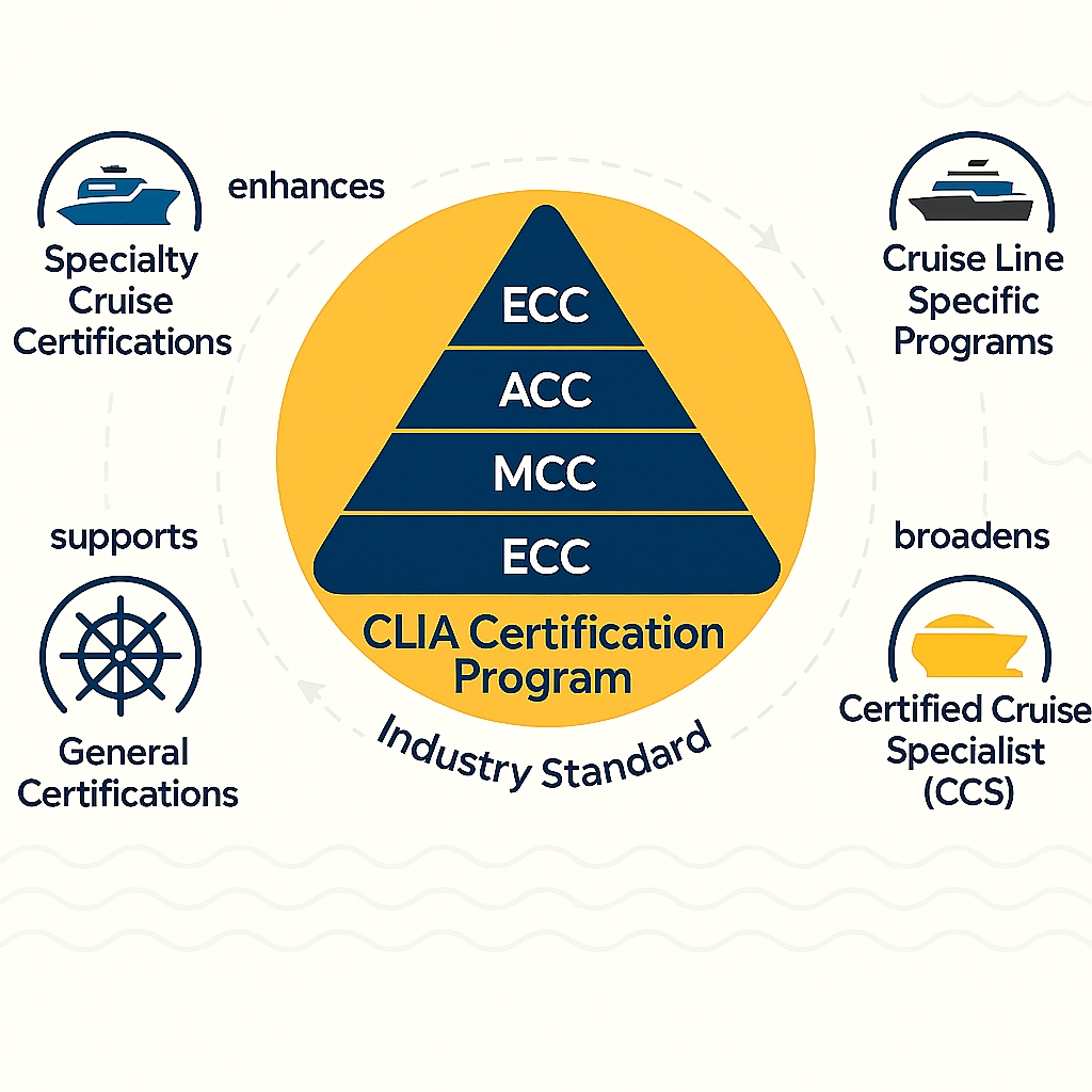 Cruise Advisor Certification Ecosystem Infographic with correct CLIA hierarchy, 'Industry Standard' text, and 'Certified Cruise Specialist (CCS)'