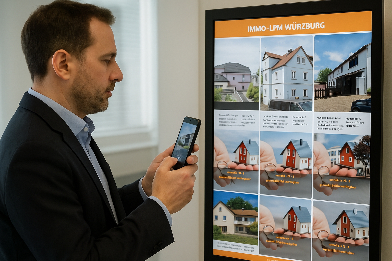 Geschäftsmann fotografiert Immobilienanzeige