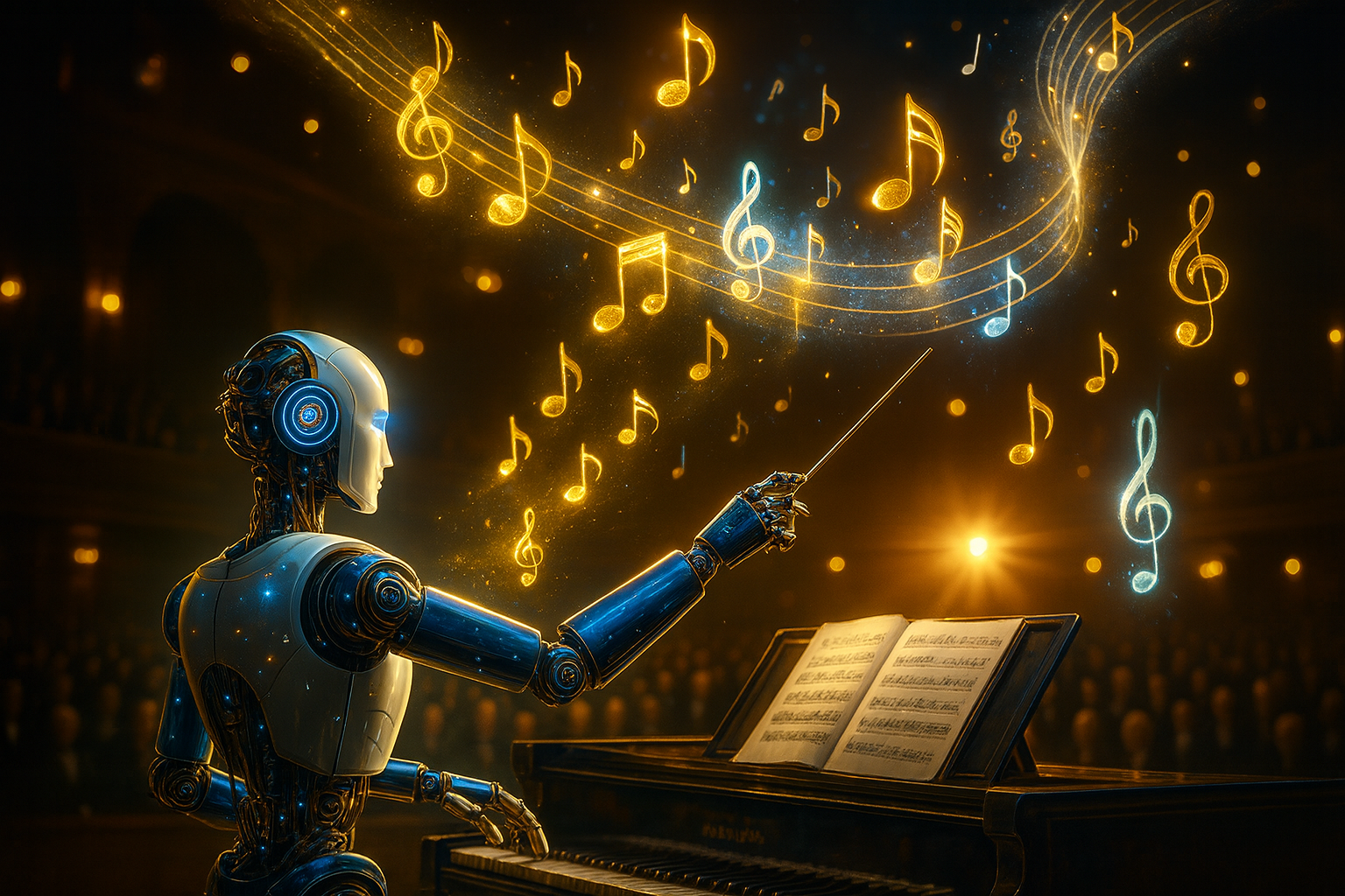 AI robot conductor with glowing LED eyes conducting orchestra with streams of musical notes flowing through the air in gold and blue light
