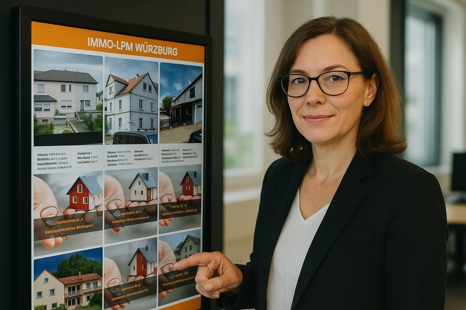 Geschäftsfrau zeigt auf Immobilienanzeige