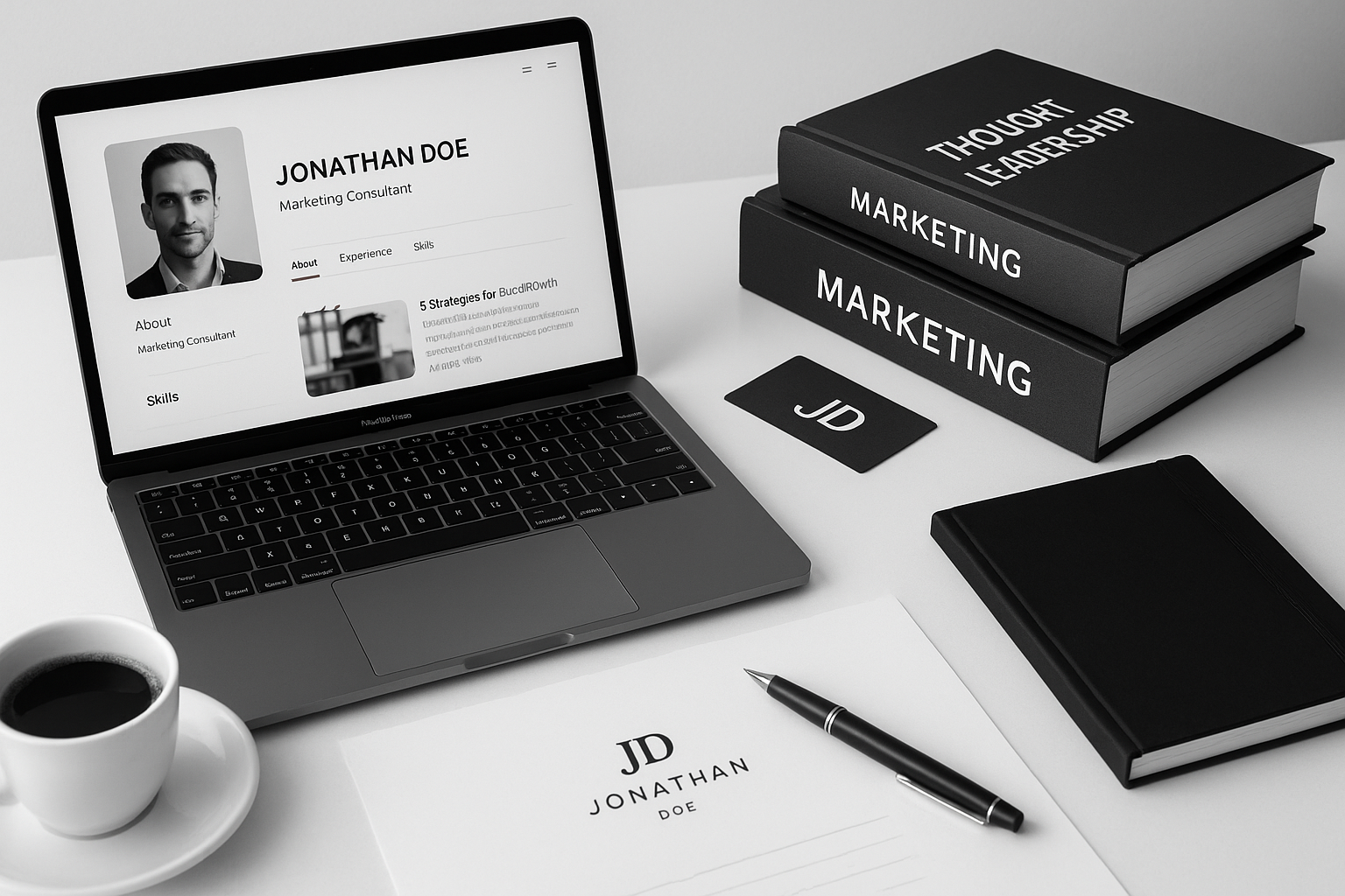 Brand authority SEO - sophisticated workspace with laptop, books, and professional branding materials showing expert content creation and thought leadership development