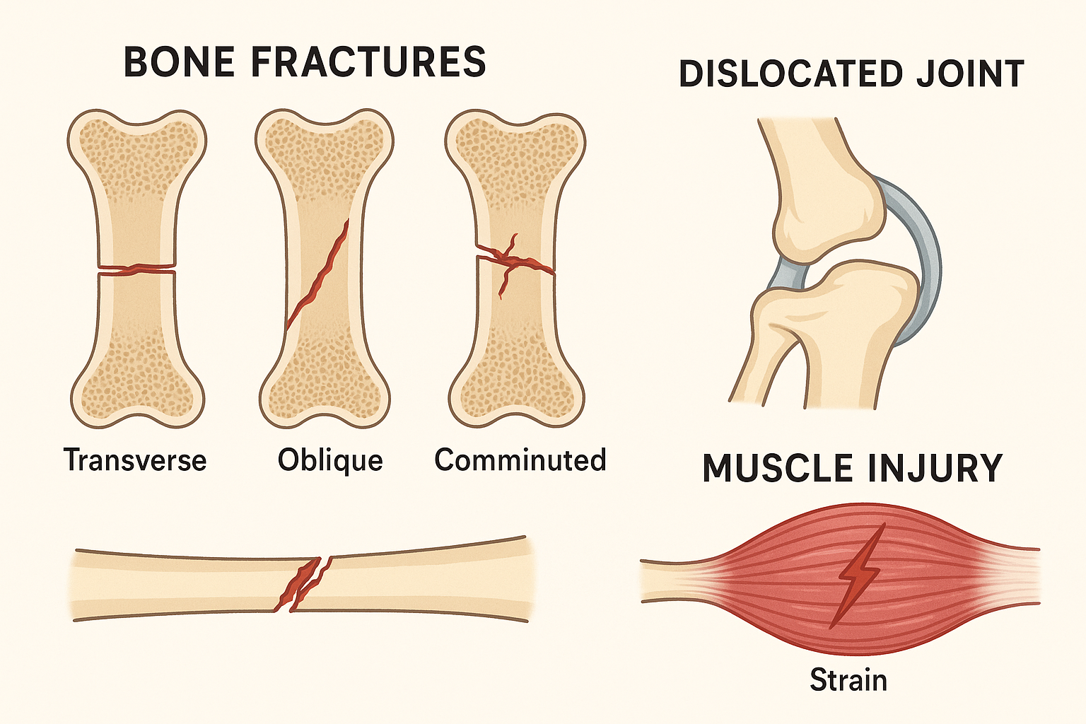 Medical illustration showing different types of bone fractures, joint dislocations, and muscle injuries