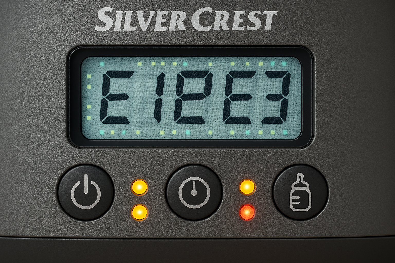 ÉCRAN DIGITAL STÉRILISATEUR SILVERCREST AFFICHANT CODES D'ERREUR E1, E2, E3, PANNEAU DE CONTRÔLE AVEC BOUTONS, AFFICHAGE LCD DÉFAILLANT, VOYANTS LUMINEUX CLIGNOTANTS, GROS PLAN MACRO ULTRA HAUTE RÉSOLUTION SUR L'INTERFACE UTILISATEUR
