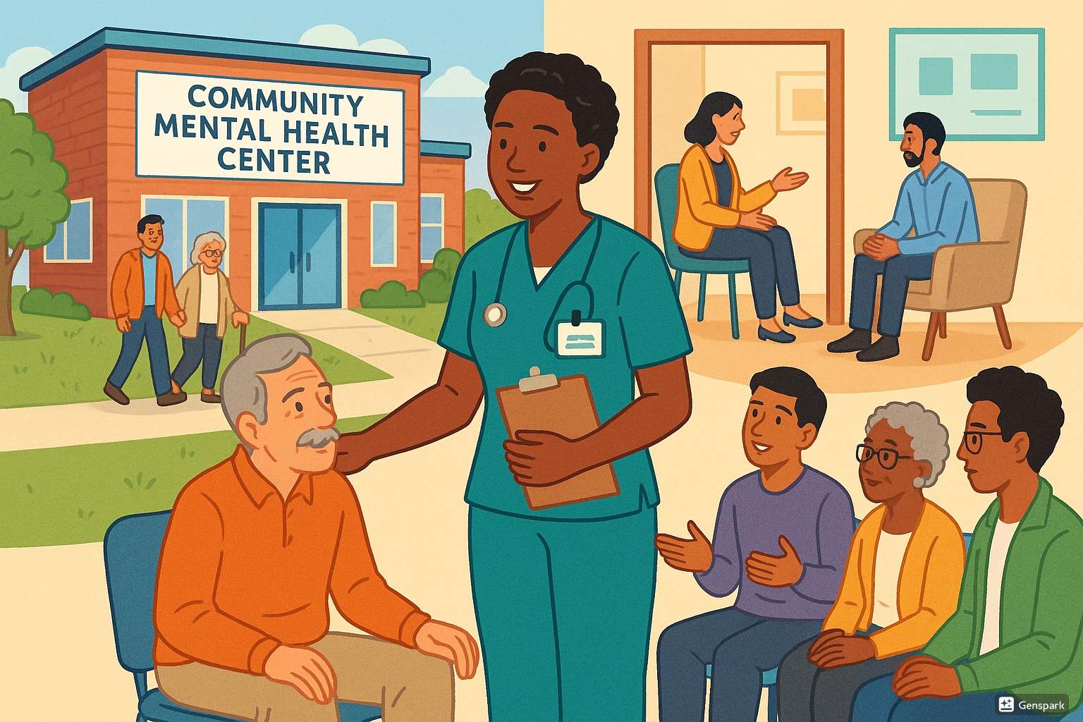 Community mental health nursing illustration showing nurses working with diverse patients in a community setting