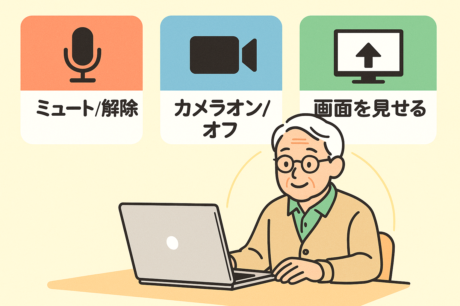 Zoom機能説明 - マイクやカメラなどの重要な設定項目を説明するイラスト