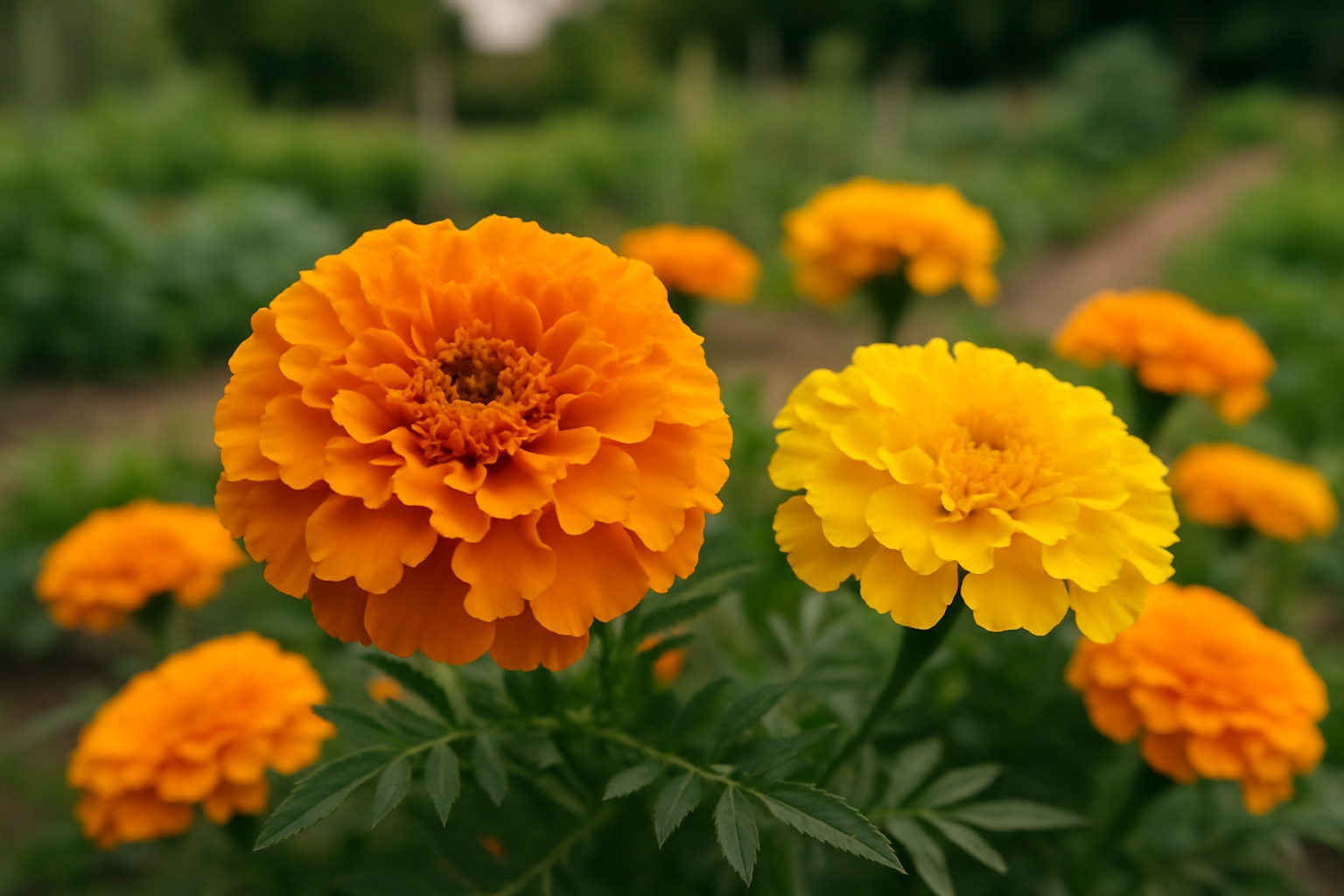 Fleurs d'œillet d'Inde au potager