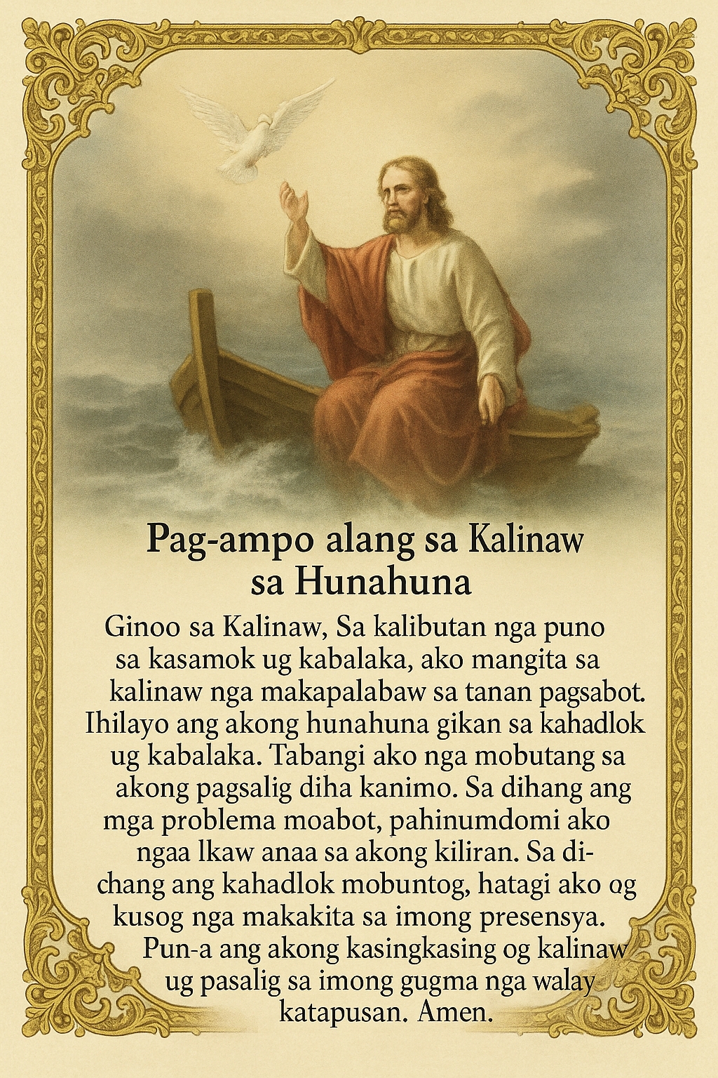Bisaya prayer card for peace of mind featuring Jesus calming the storm and the prayer text in Cebuano language