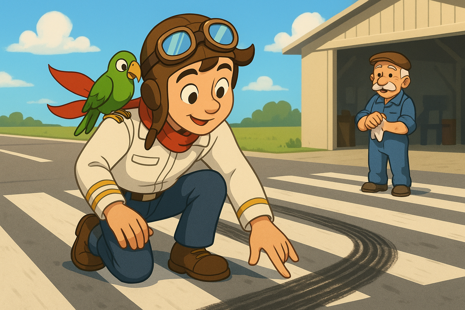 Captain Jet investigating the runway marks with Mr. Spanner