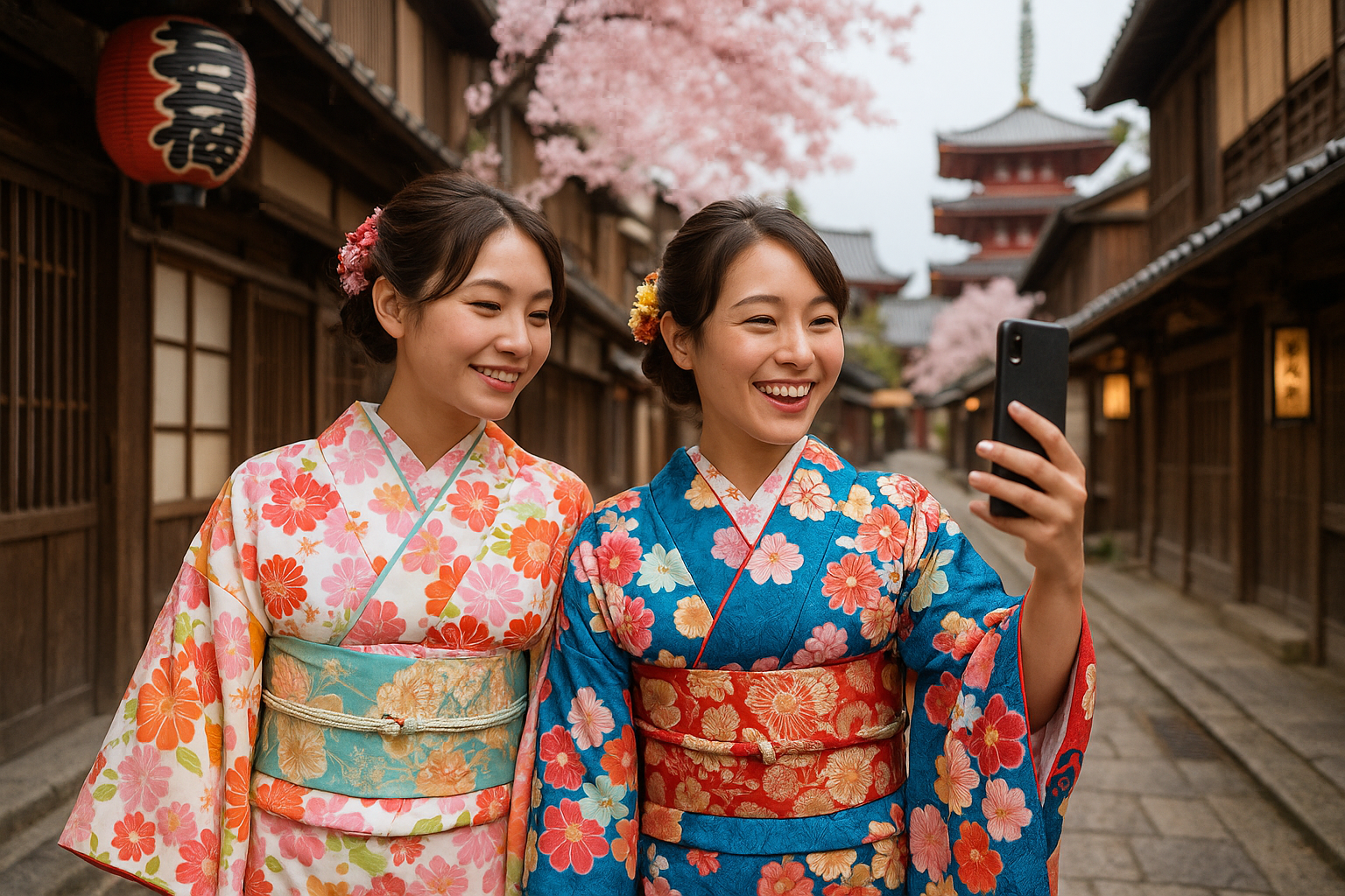 Tourists in traditional kimono exploring Asakusa streets
