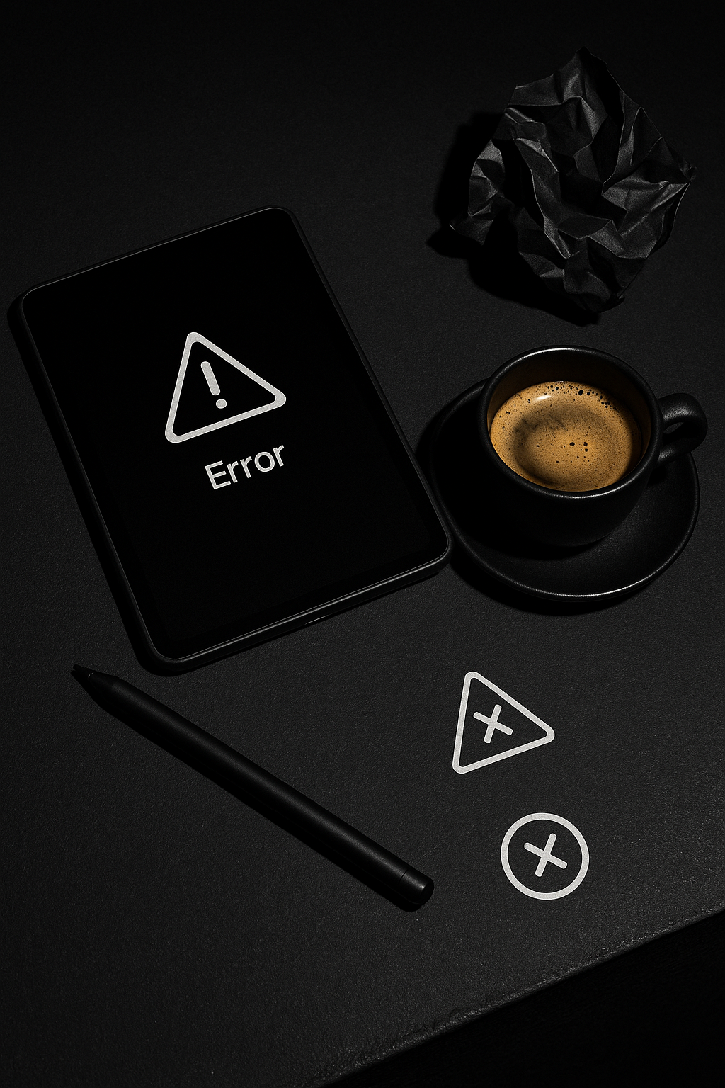 Onboarding mistakes to avoid - hyperrealistic black composition showing broken workflow elements and error states in sophisticated business automation setup