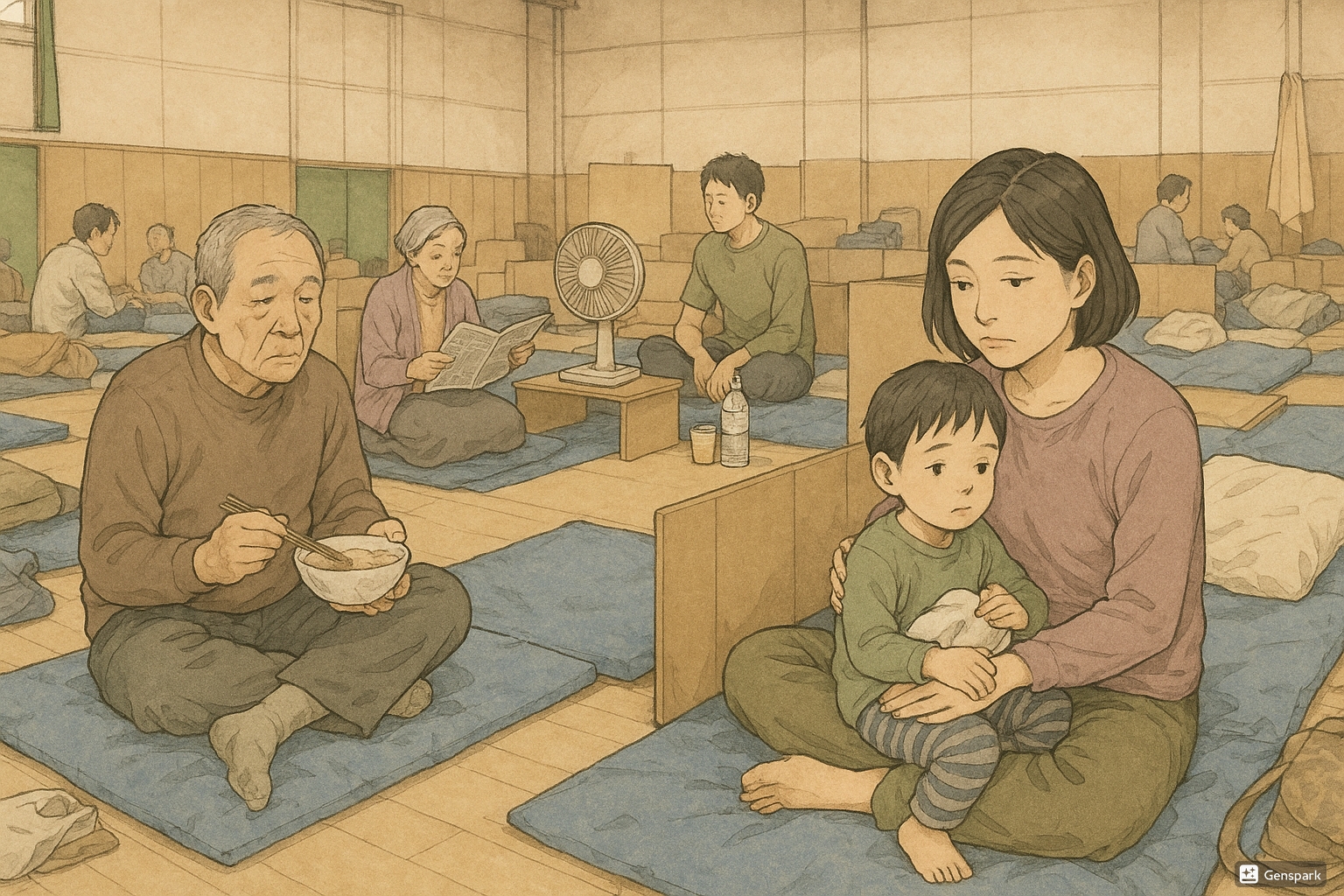 避難所で生活する人々の様子