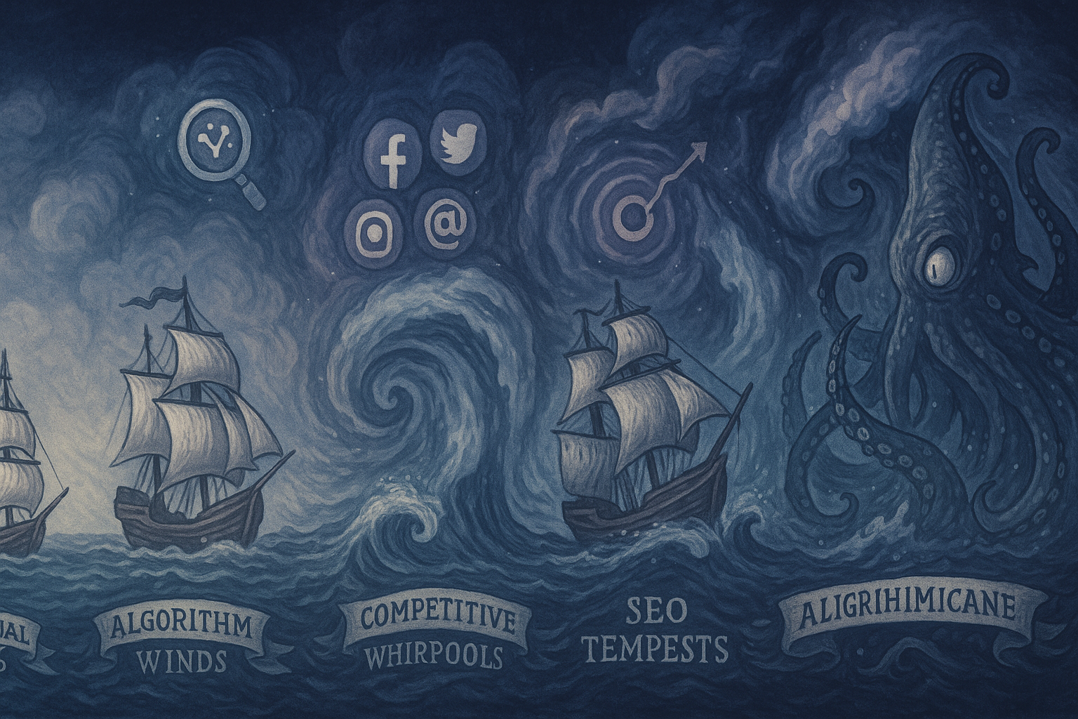Timeline showing escalating digital marketing storms from calm seas to algorithmic tempests requiring AI lighthouse guidance