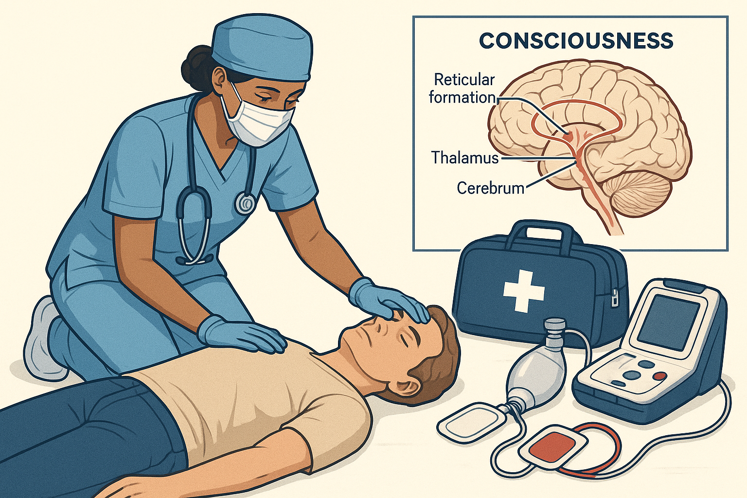 Medical illustration of first aid management for unconsciousness