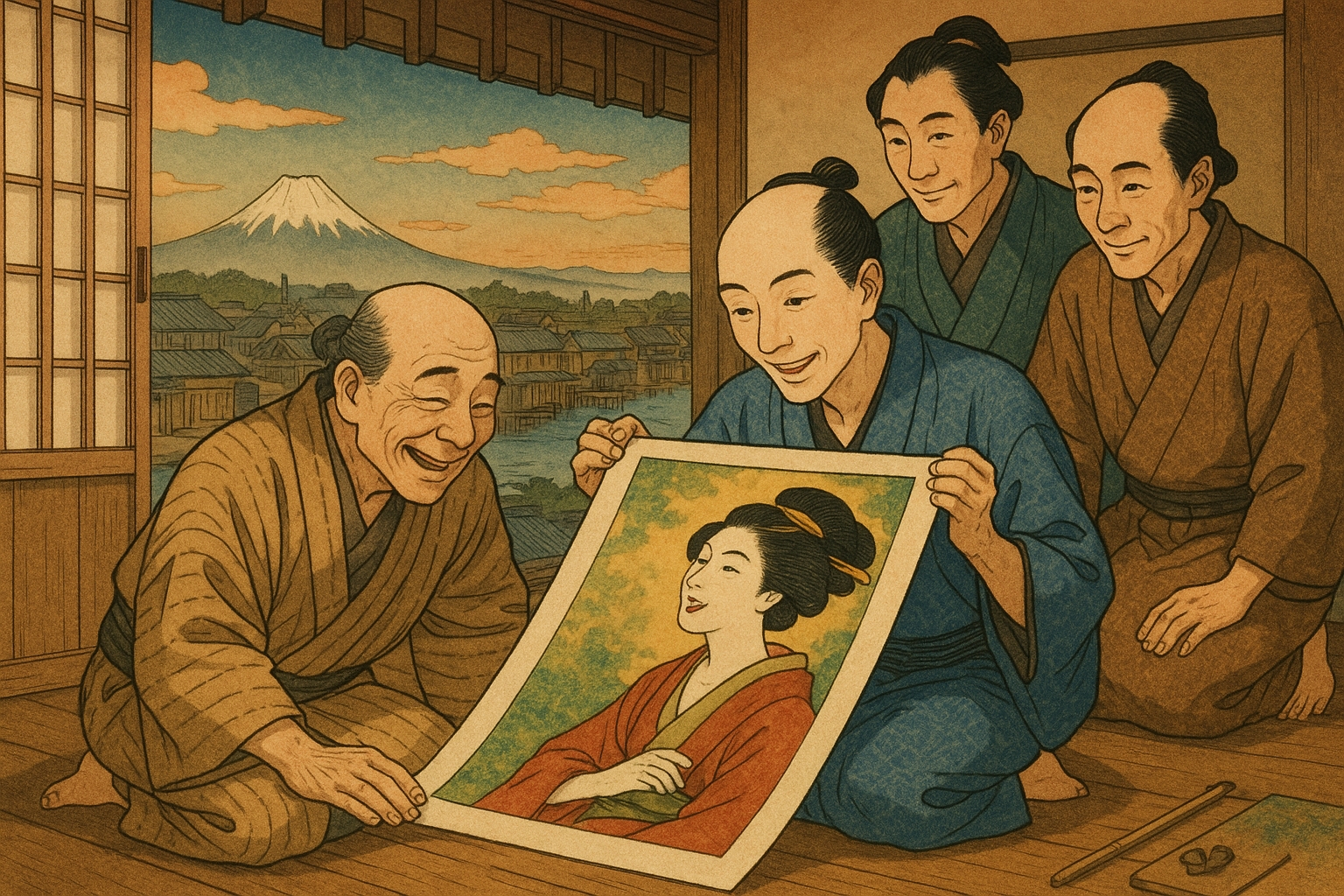 蔦重と歌麿の協働シーンを表現した浮世絵風イラスト
