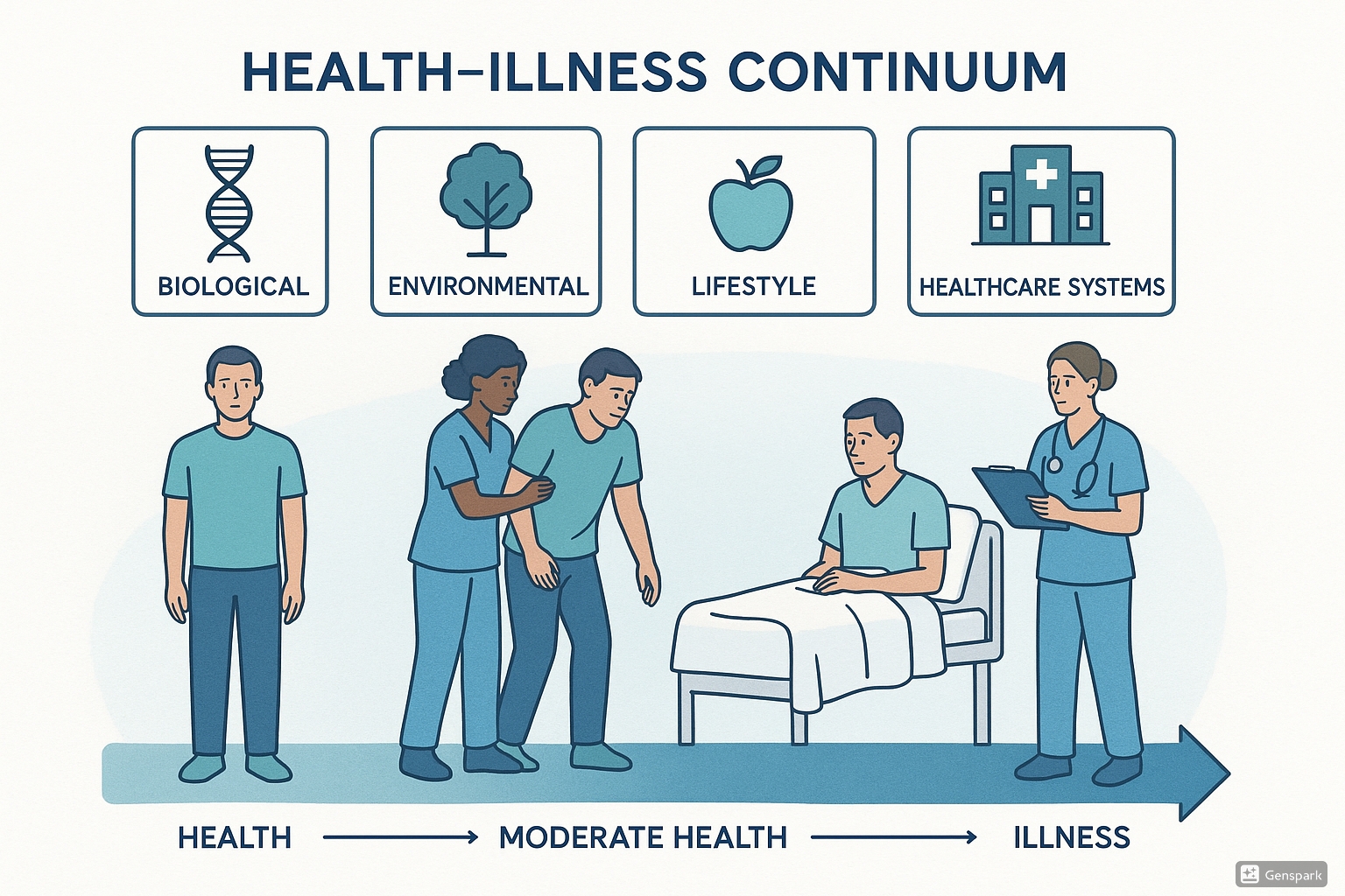 Health-Illness Continuum showing determinants of health and disease progression