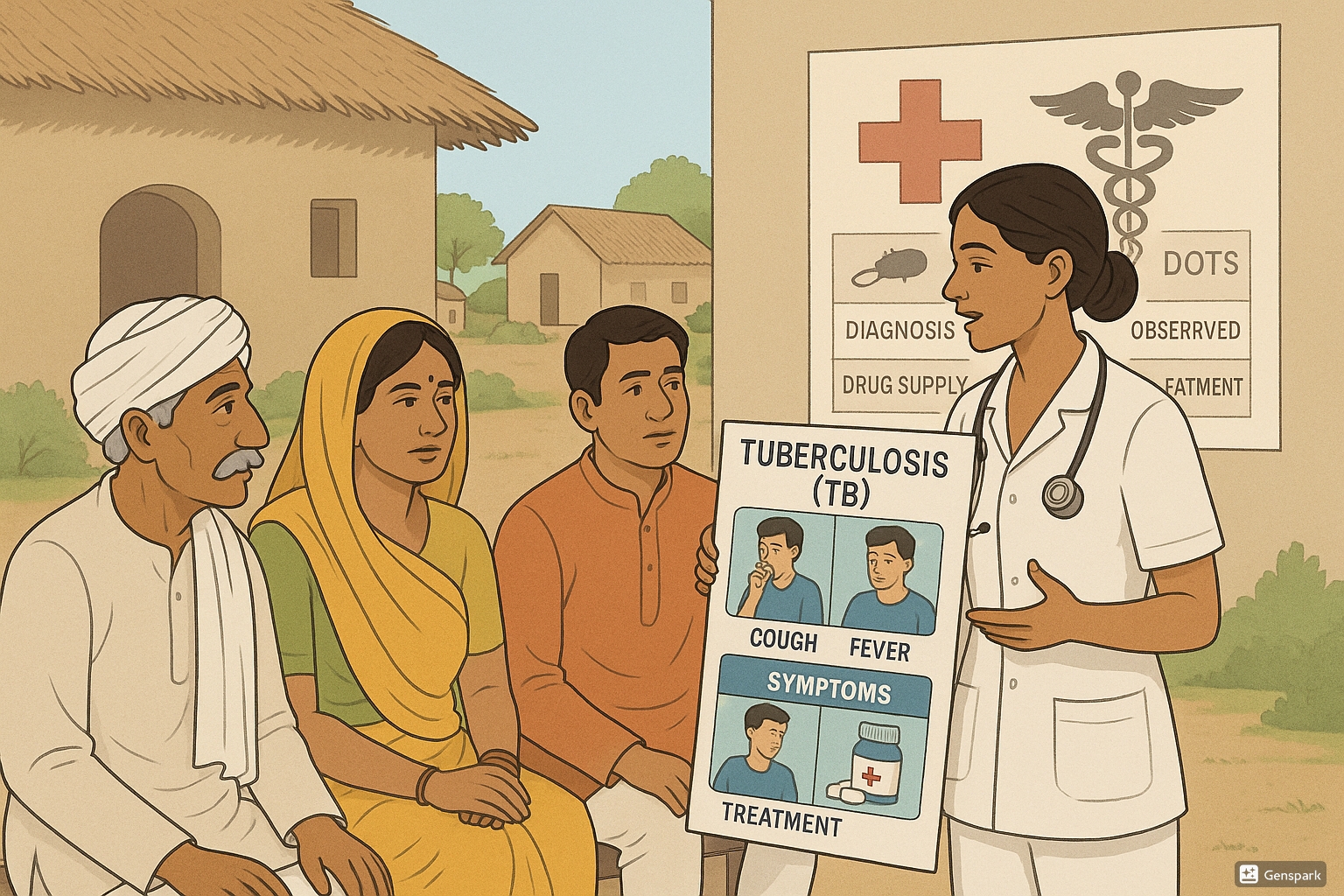 Community health nurse conducting tuberculosis screening and education in a rural Indian village setting