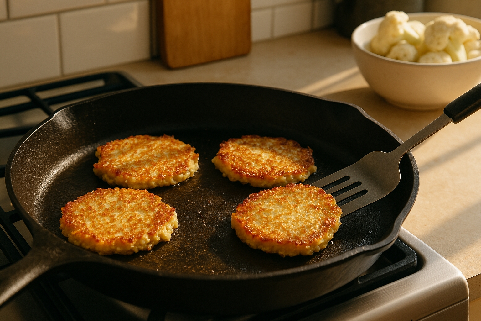 Cooking cauliflower hash browns in a cast iron skillet