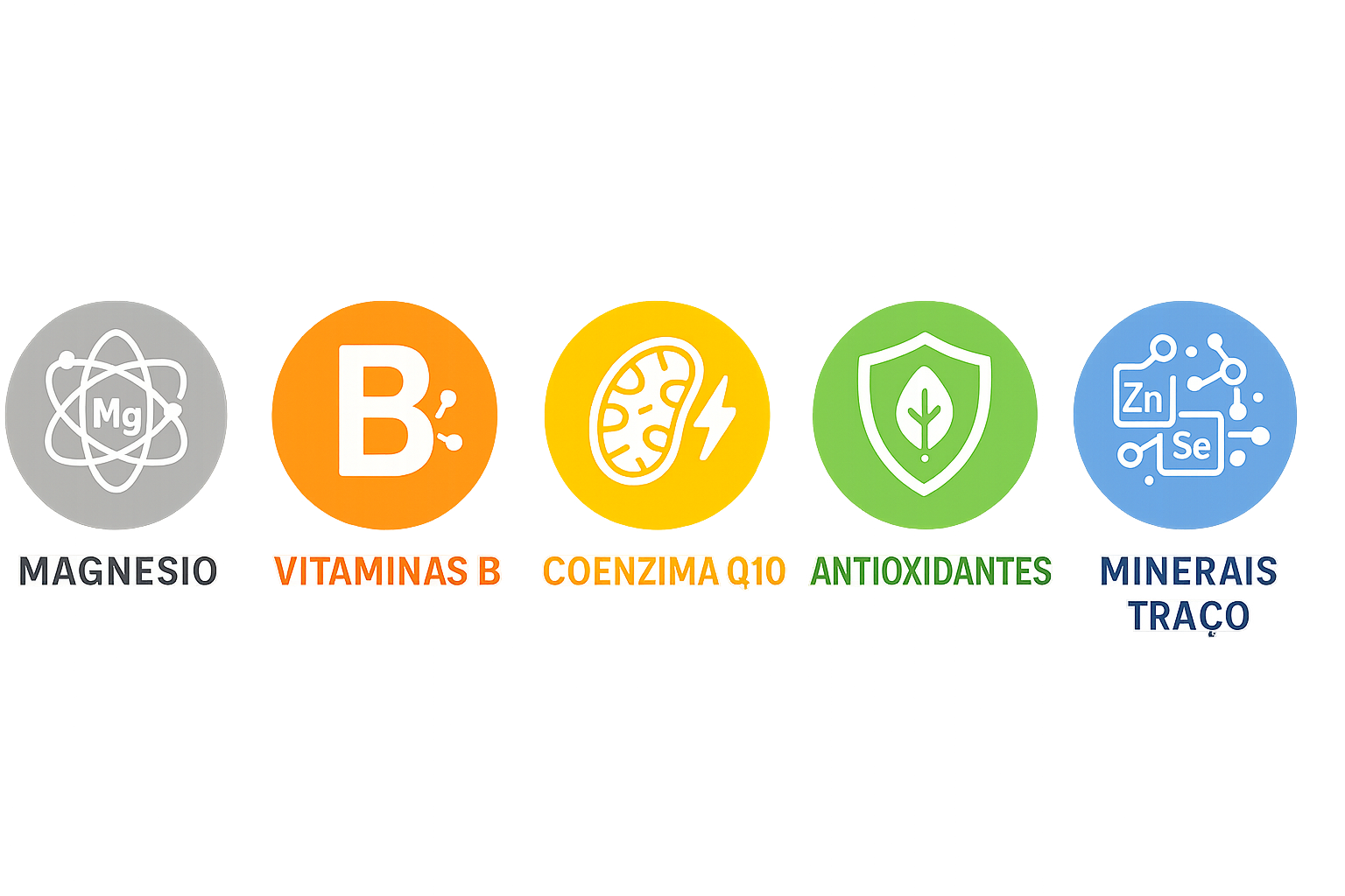 Ícones dos cinco principais cofatores: Magnésio, Vitaminas B, CoQ10, Antioxidantes e Minerais Traço