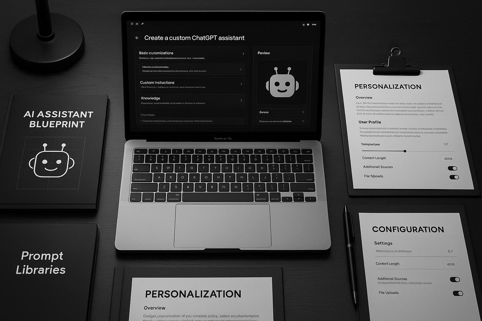 Custom ChatGPT prompts - professional workspace with AI assistant customization interface and personalized prompt development tools