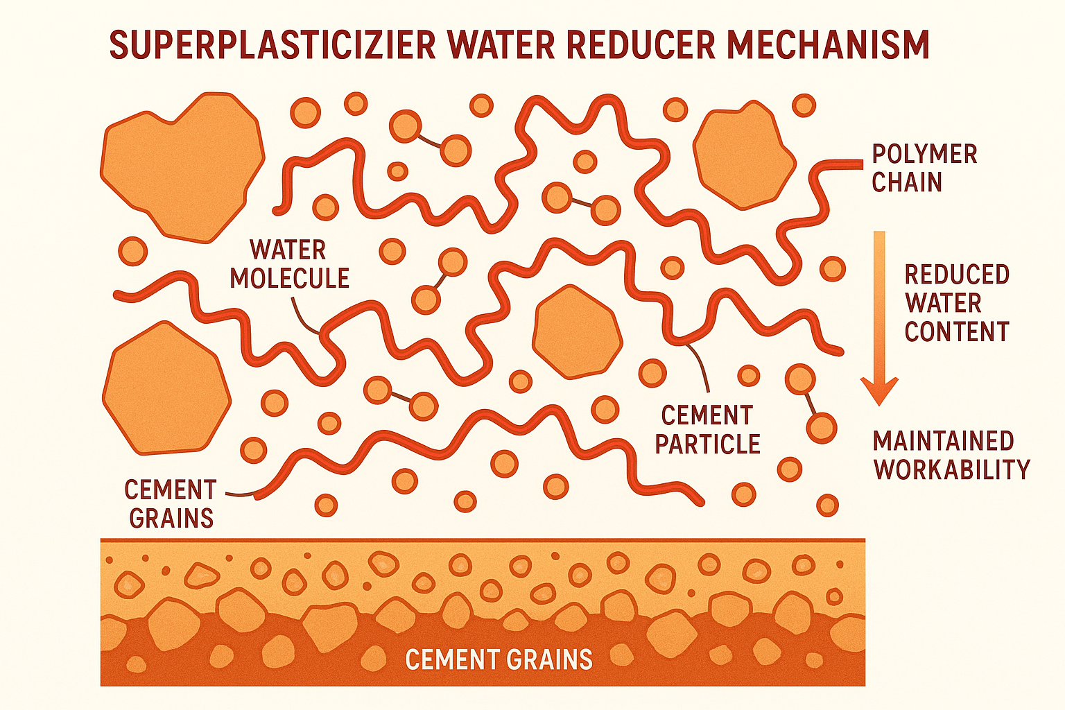 Superplasticizer Water Reducer Mechanism - Technical diagram showing molecular structure dispersing cement particles while reducing water content