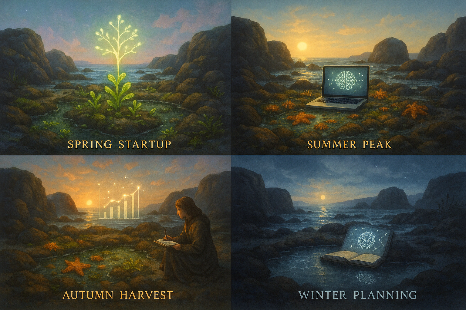 Four Oregon Coast tide pool scenes showing different seasons revealing various AI opportunities aligned with business cycles
