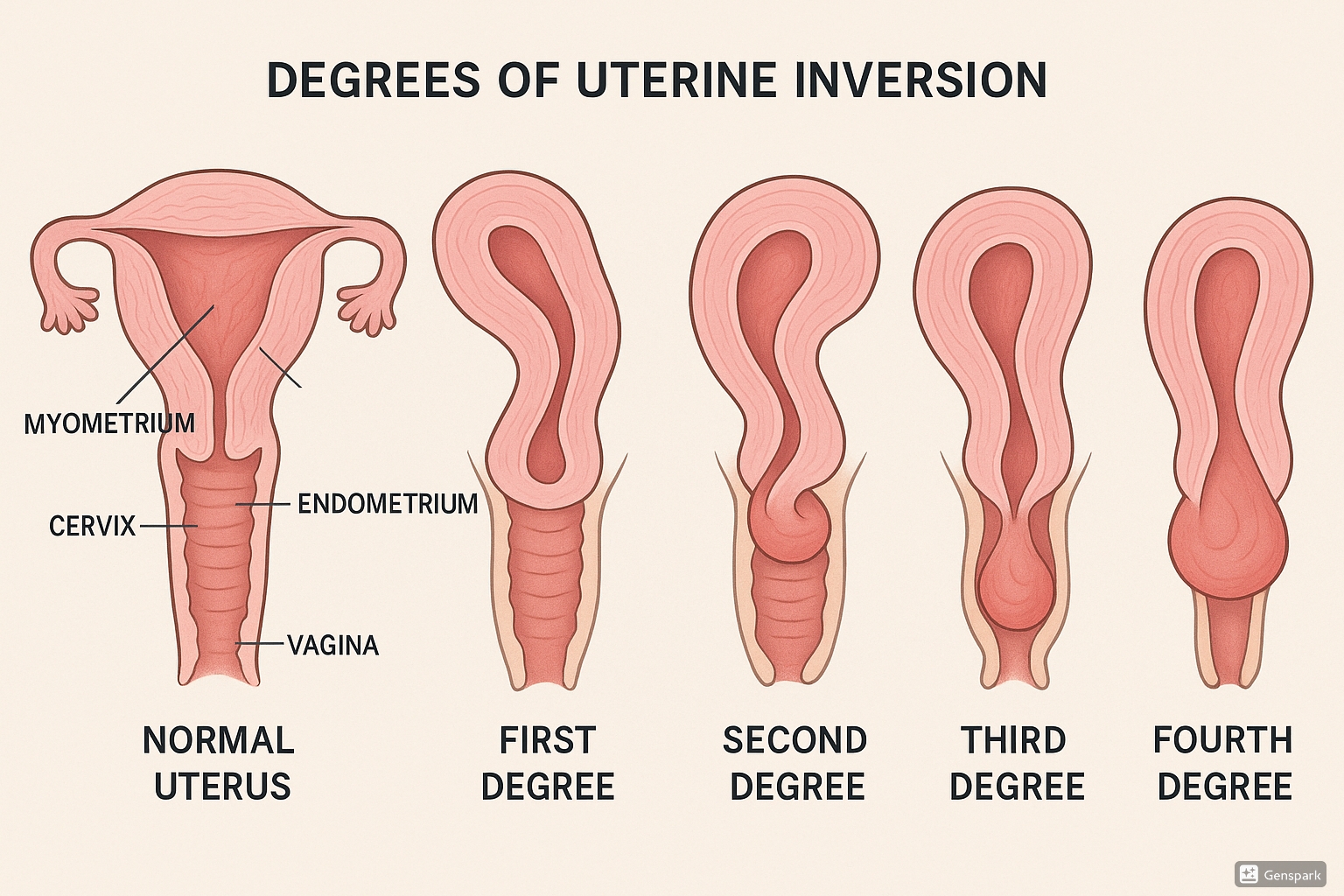 Medical diagram showing different degrees of uterine inversion