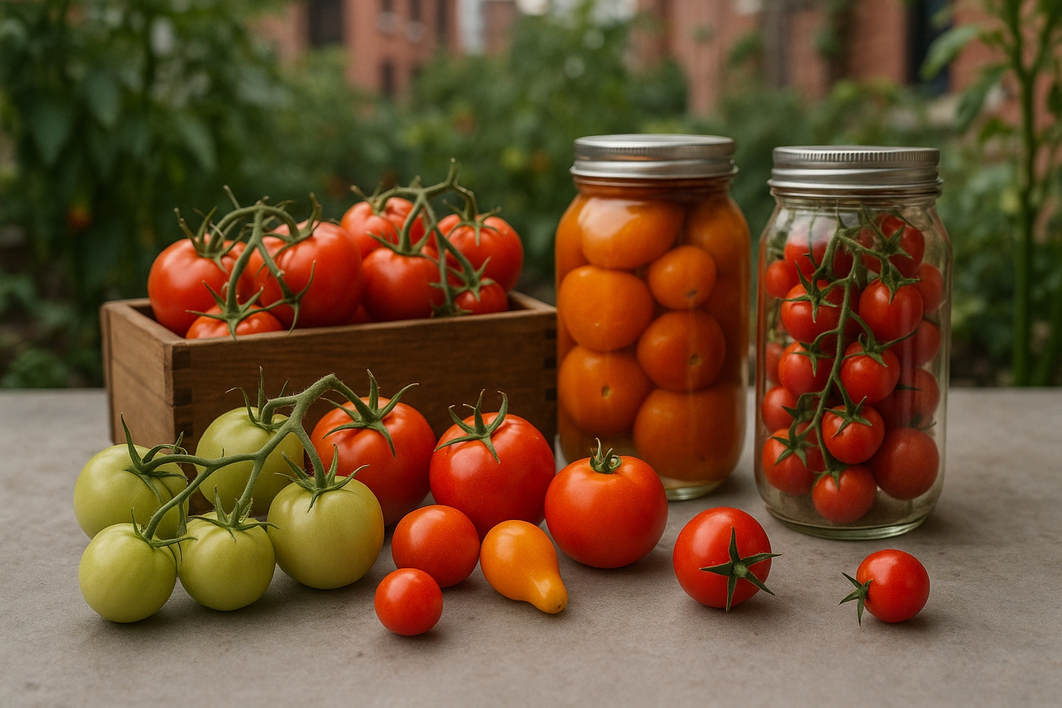 Récolte de tomates de différentes variétés cultivées en ville, montrant des fruits à divers stades de maturité et différentes méthodes de conservation
