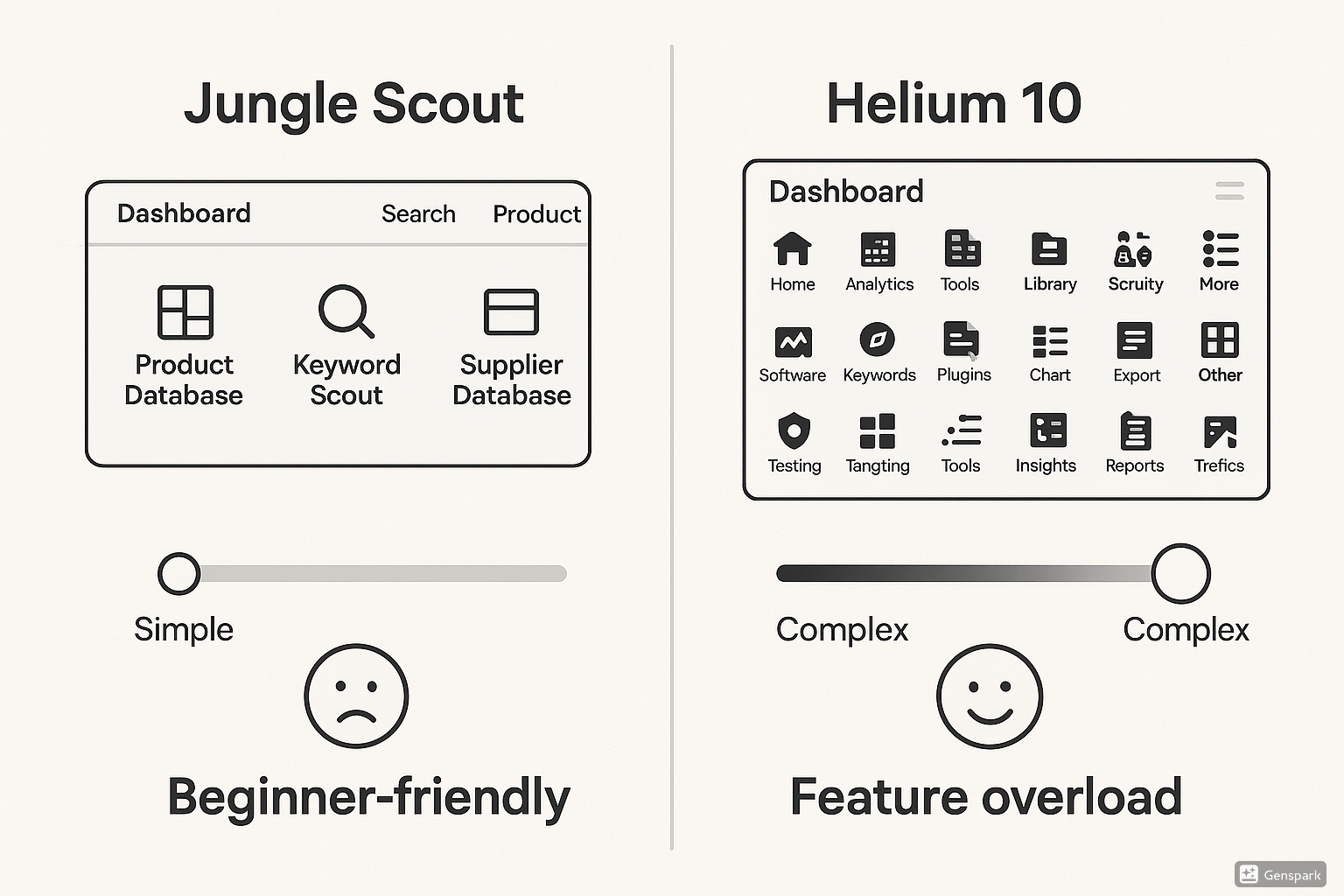Side-by-side feature comparison: left shows Jungle Scout simple interface with basic tools, right shows Helium 10 overwhelming dashboard with 20+ tools. "Beginner-friendly" vs "Feature overload" labels, complexity meters, user confusion vs simplicity icons. Clean comparison design with contrasting complexity levels