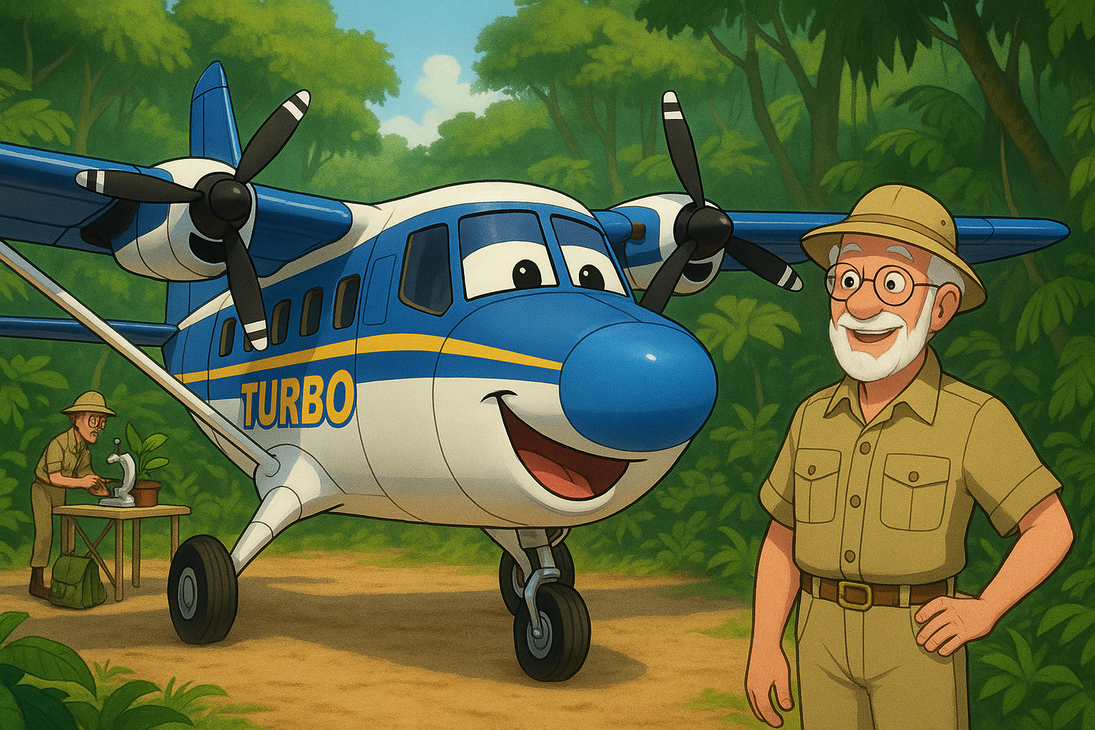 Turbo the Twin Otter with Dr. Greenleaf at jungle airstrip