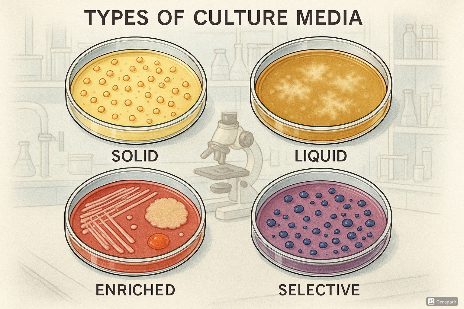 Different types of culture media in petri dishes showing bacterial growth patterns