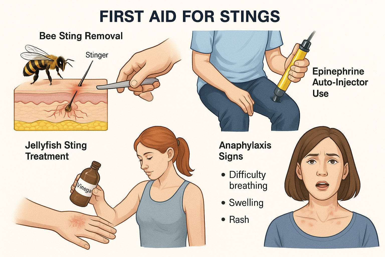 First Aid Management of Stings Educational Illustration