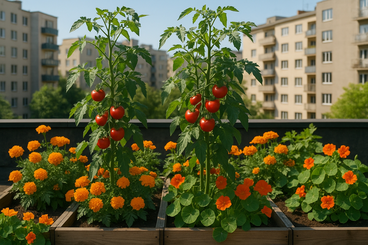 Potager sur toit-terrasse avec tomates et fleurs compagnes