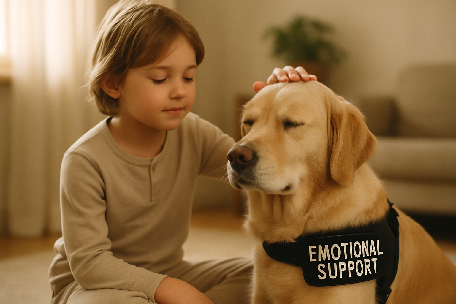 Child peacefully petting a golden retriever emotional support dog