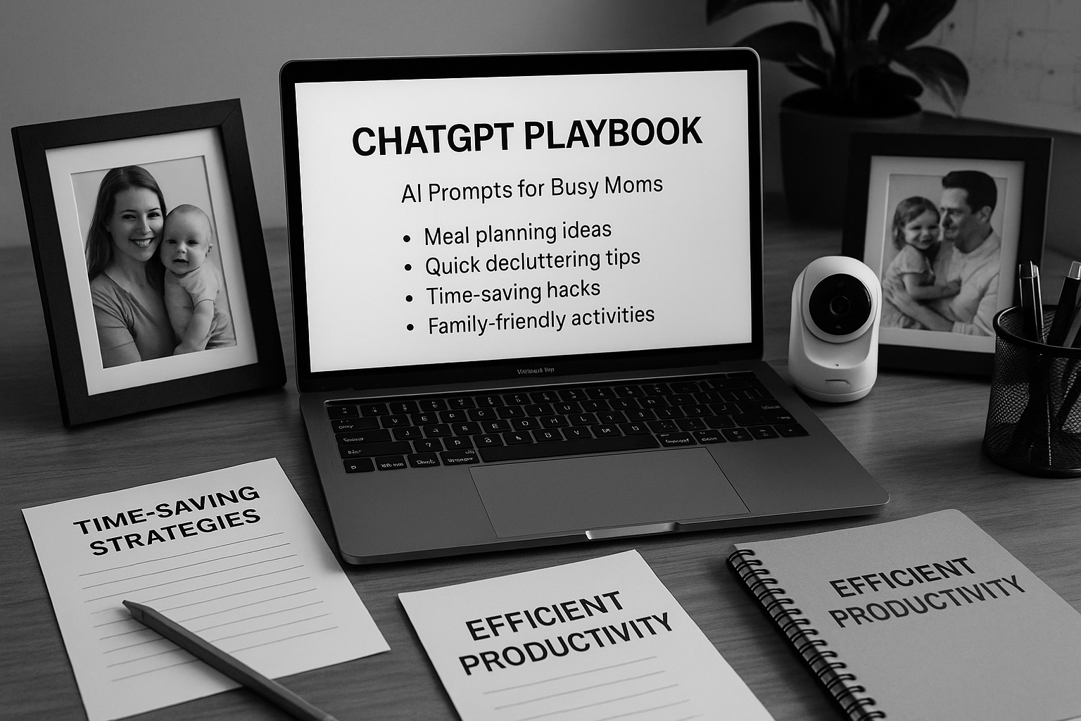 ChatGPT prompting playbook - professional mom's workspace with laptop, AI prompts, family photos, and productivity tools representing work-life balance