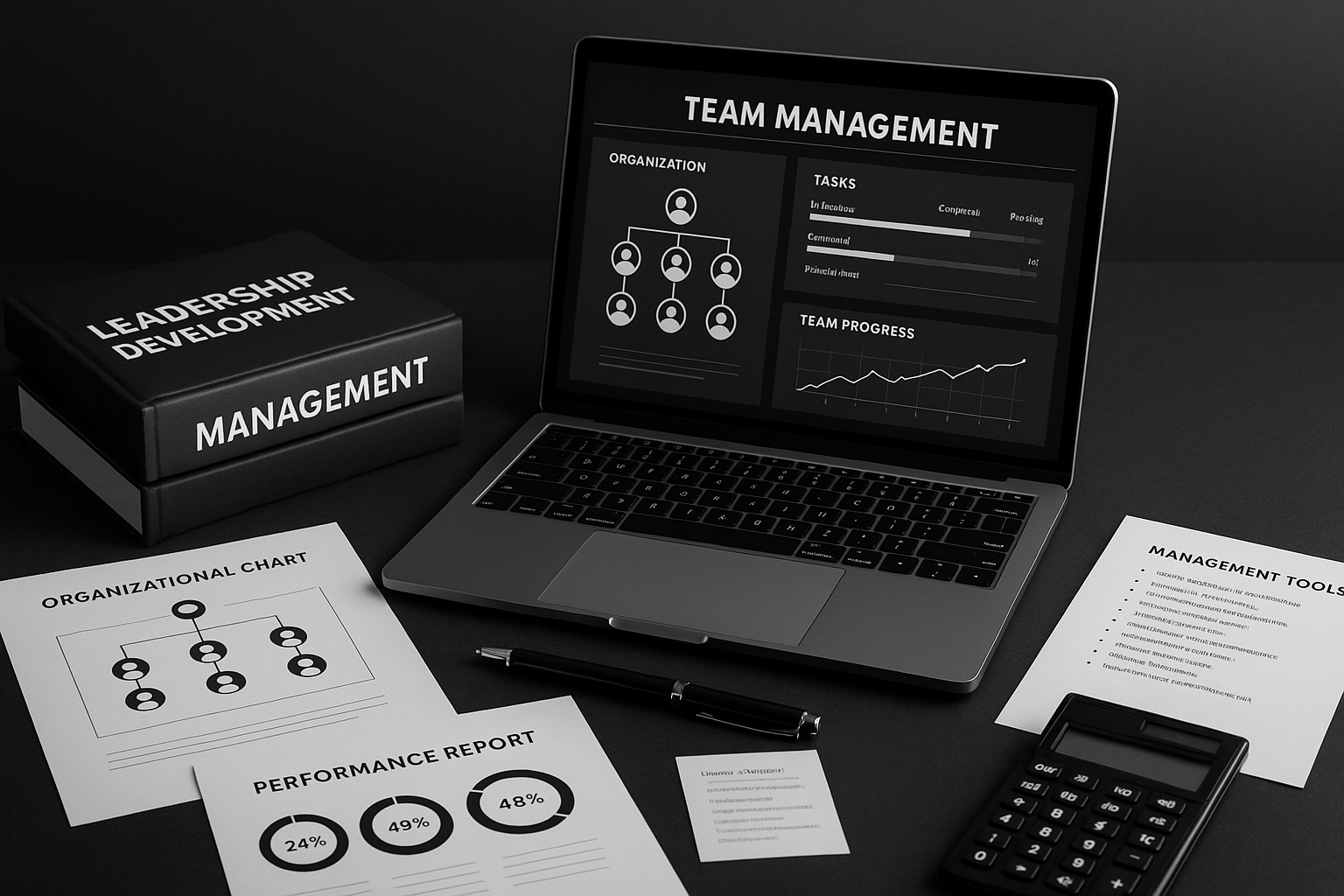 Team management framework - professional leadership workspace with management tools, organizational charts, and strategic planning elements
