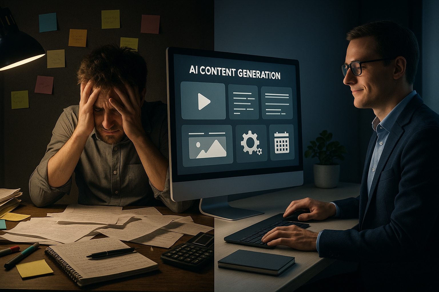 Split-screen comparison showing stressed manual content creation versus streamlined AI-automated content workflow with calm professional environment