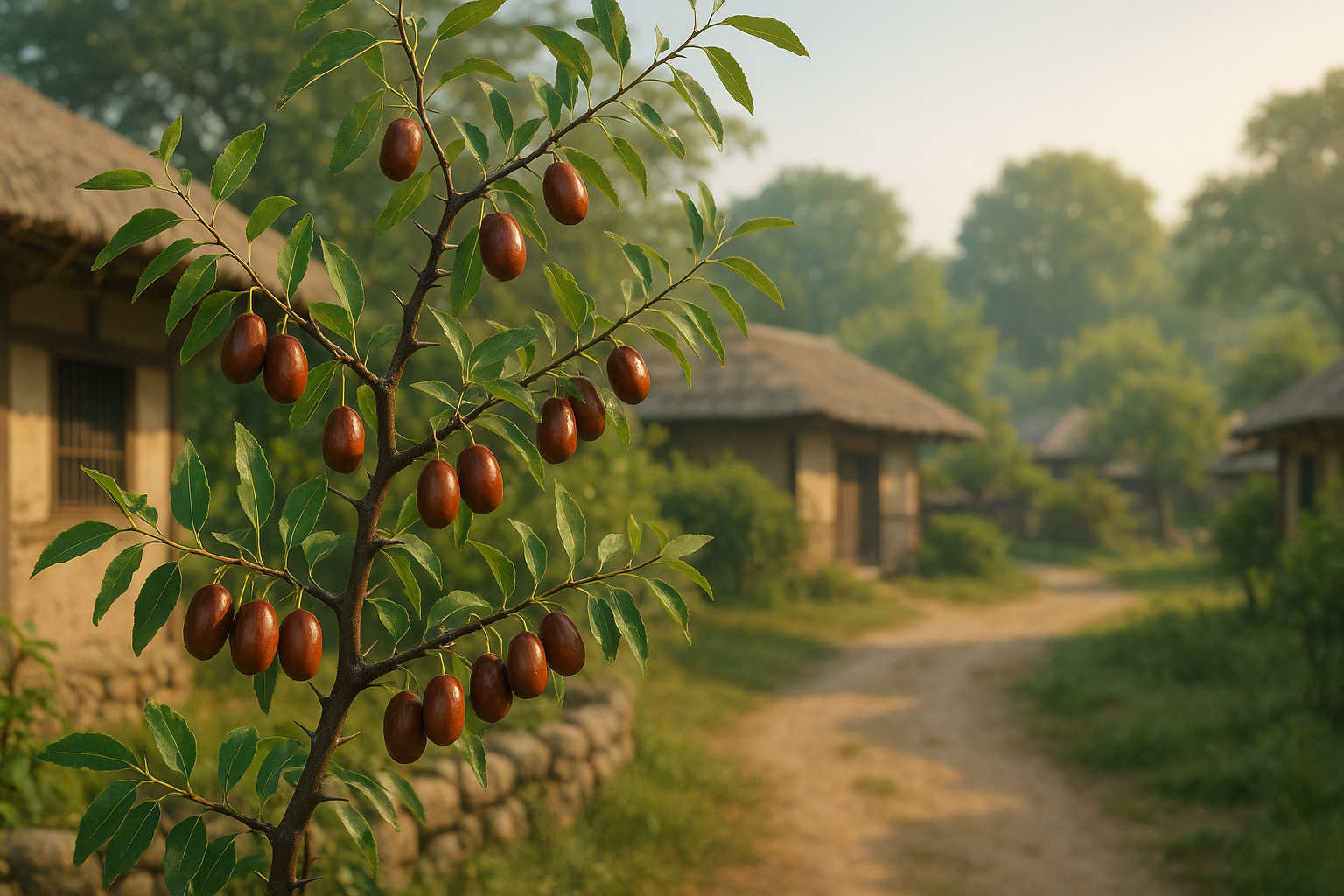 전통적인 한국 마을의 대추나무