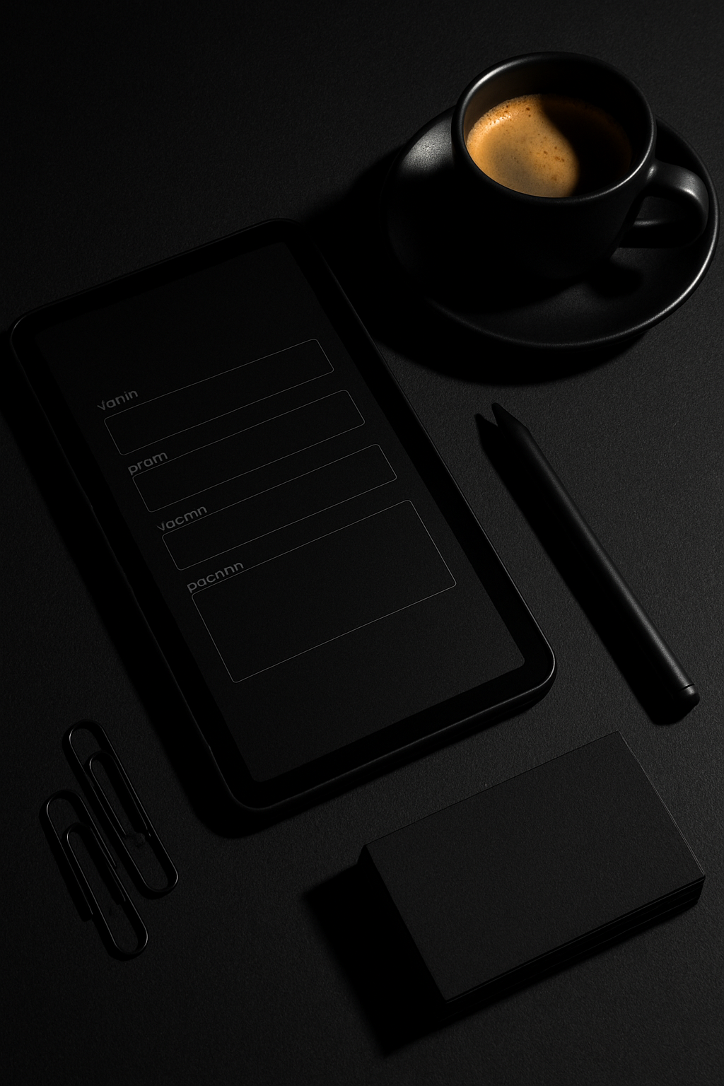 Onboarding form automation setup featuring elegant black tablet with form interface, stylus, and business tools representing sophisticated automation systems