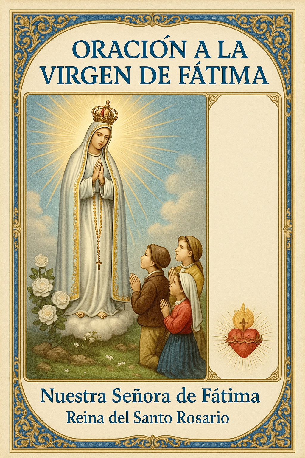 Oración a la Virgen de Fátima en español - Tarjeta de oración católica con imagen de Nuestra Señora de Fátima apareciendo a los tres pastorcitos con rosario y rosas blancas, reina del santo rosario