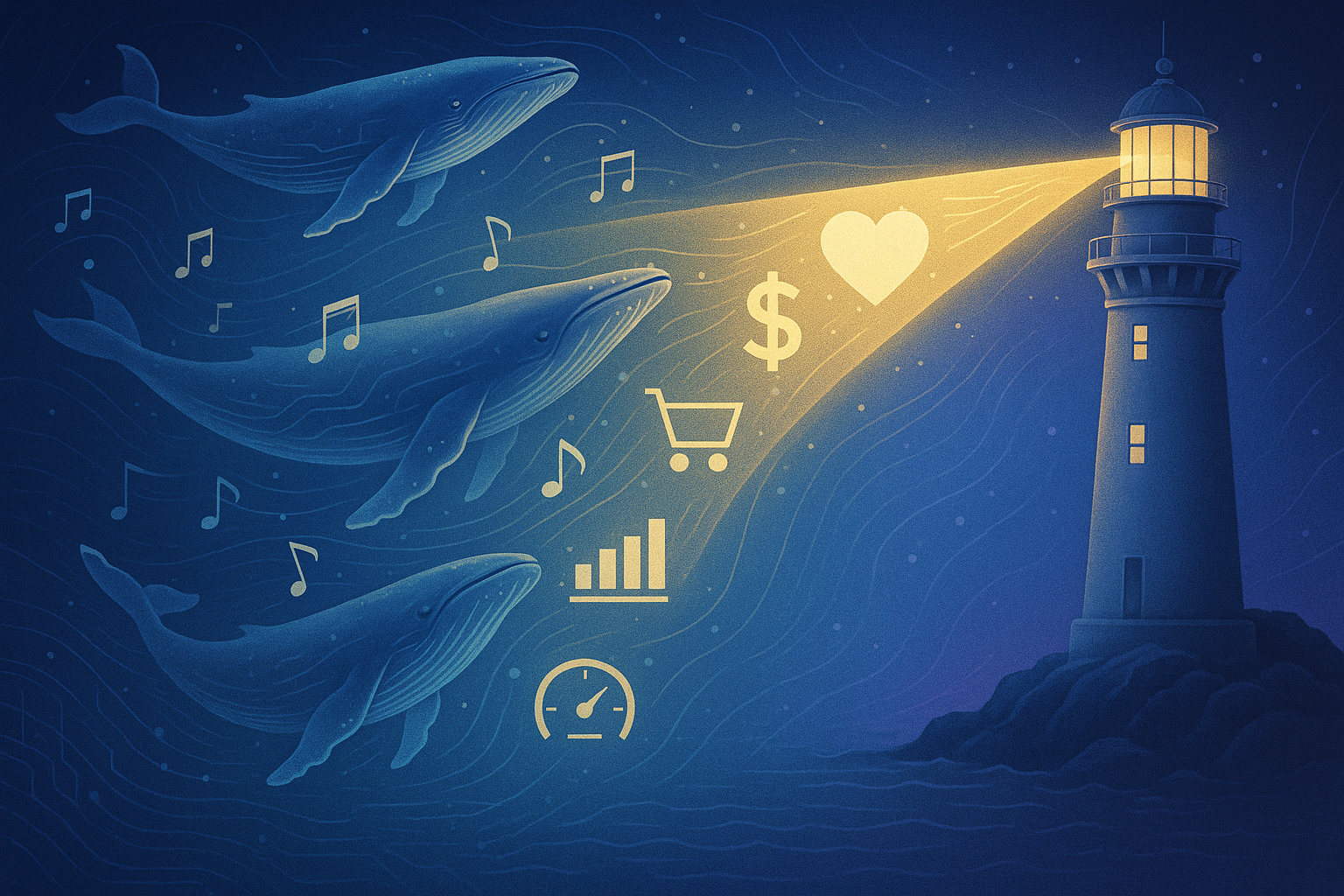 Magical lighthouse beam translating mystical whale songs into clear customer desires and communication pathways for business understanding