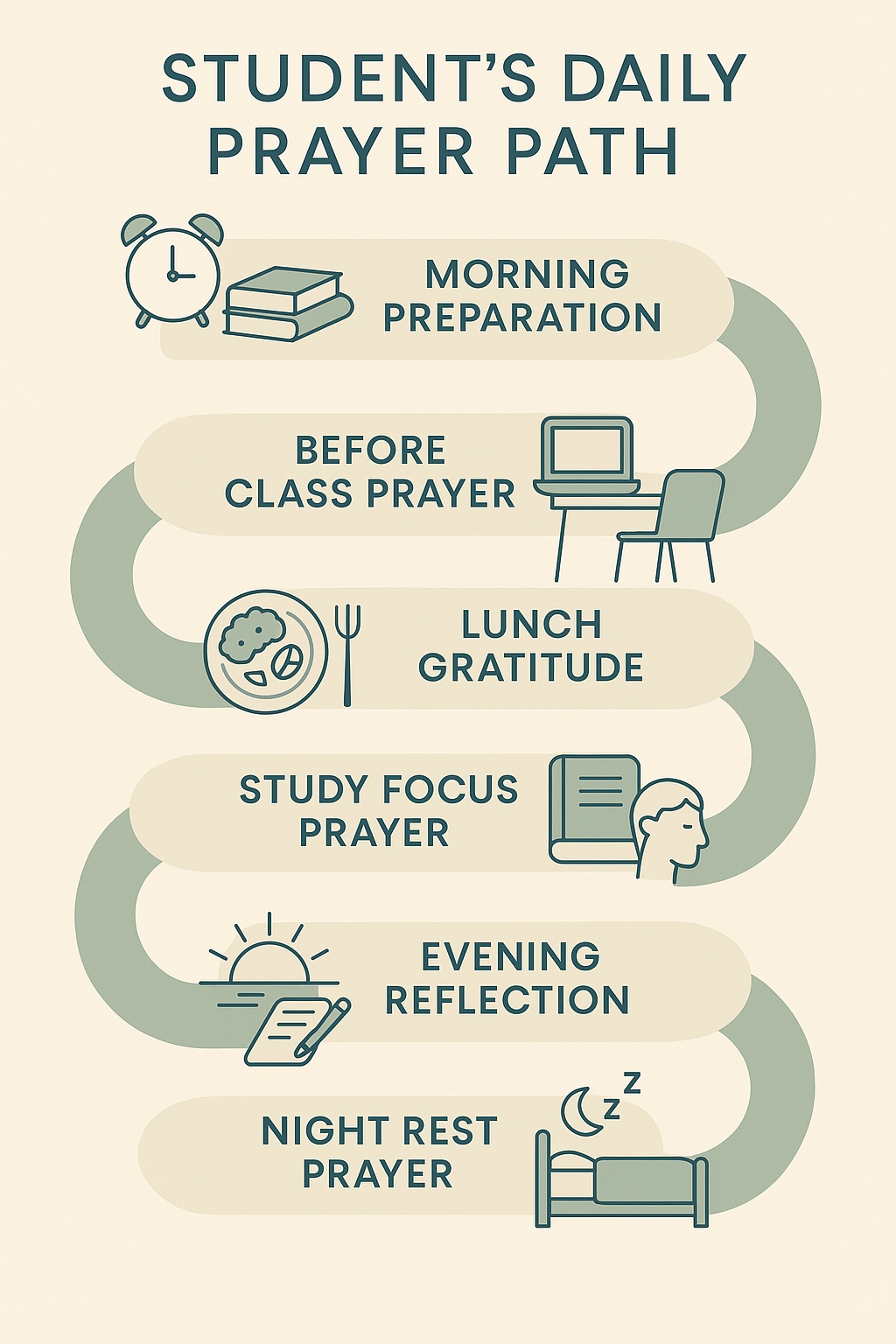 Student's Daily Prayer Path vertical infographic showing six prayer moments: morning preparation with alarm clock and books, before class prayer with laptop and desk, lunch gratitude with food, study focus prayer with books and concentration, evening reflection with sunset and journal, and night rest prayer with bed, designed with soft academic colors
