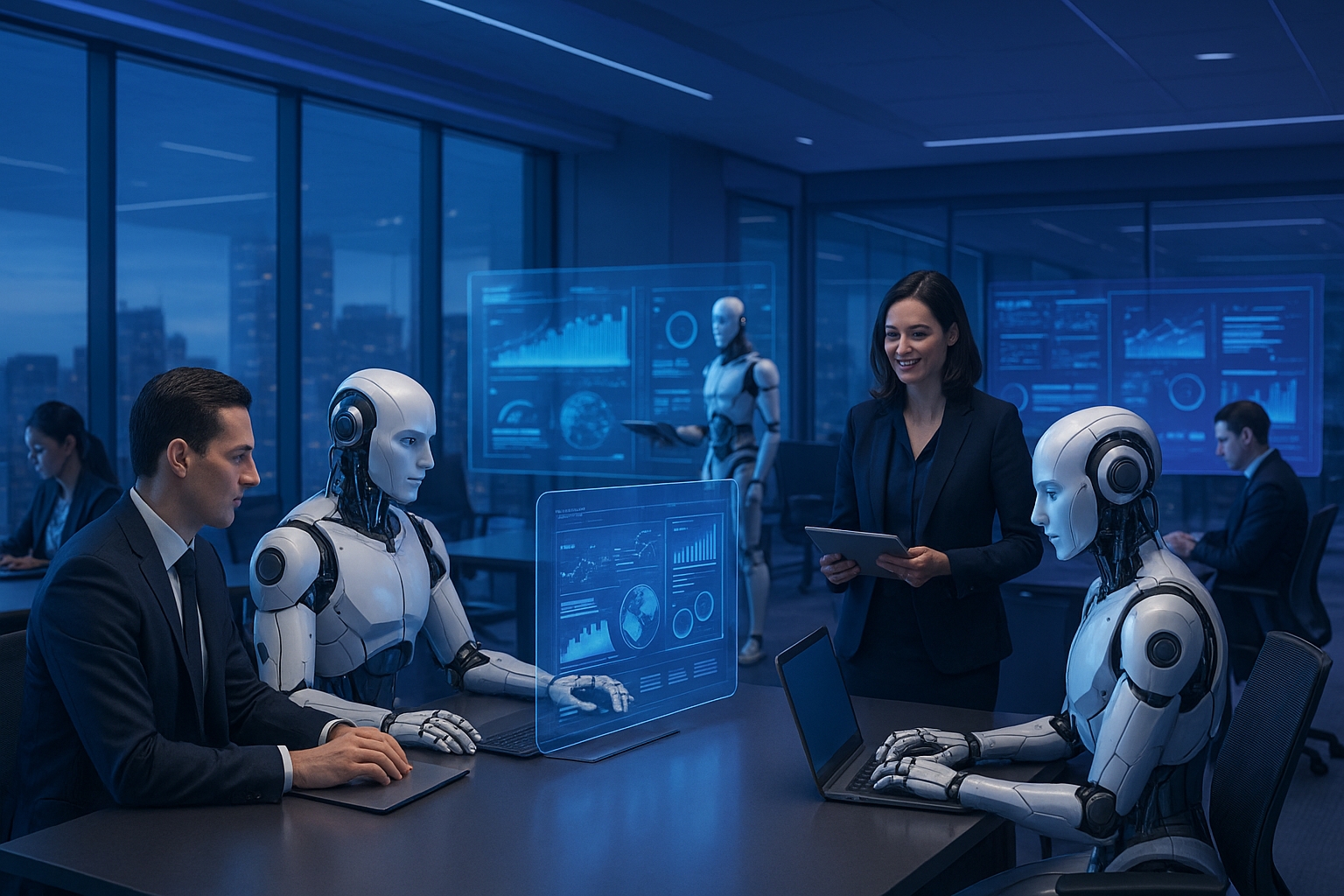 Oficina futurista con humanos y androides colaborando