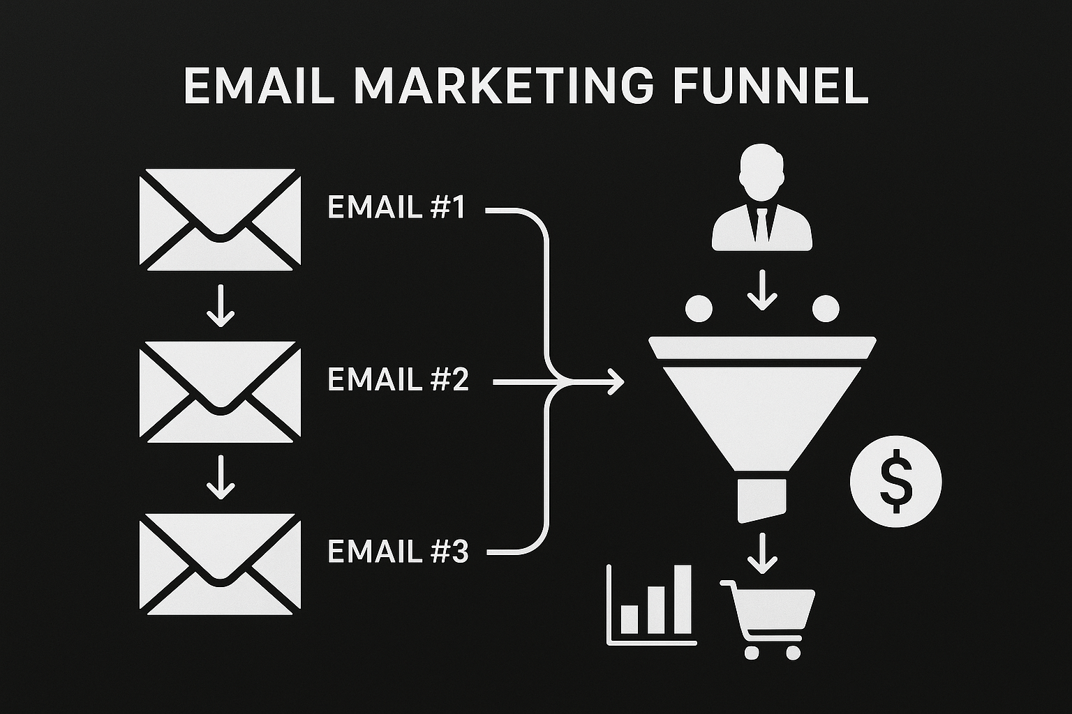 Email marketing funnels that convert visualization showing professional black and white funnel design with conversion metrics