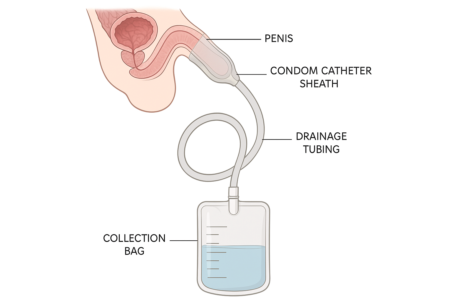 Medical illustration of condom catheter system showing anatomical placement and drainage components