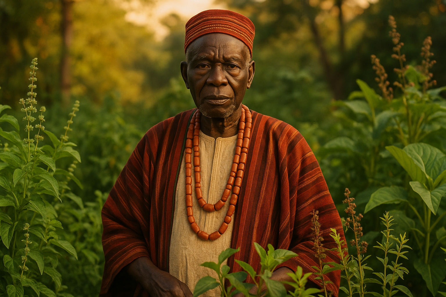 Yoruba Herbal Medicine | A dignified Yoruba elder herbalist in traditional attire surrounded by medicinal plants